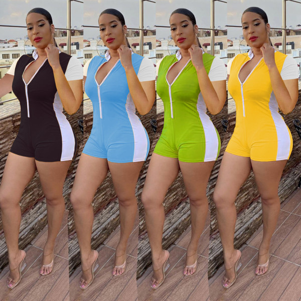 Fashion casual trend solid color stitching zipper slim short-sleeved sports jumpsuit SM9085