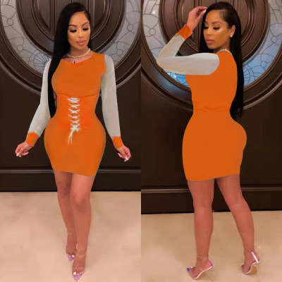 Mature Women Solid Color Bandage Long Sleeved Pencil Dress FA7039