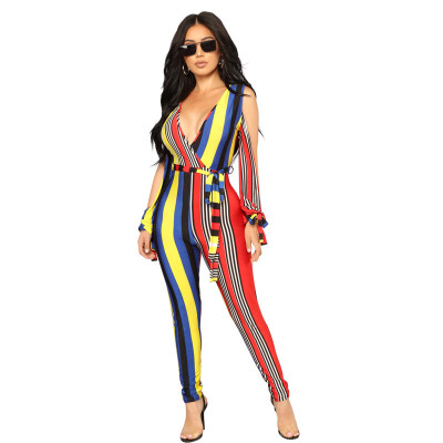 Slim Bodycon Hot Split Sleeve Deep V Collar Stripe Jumpsuits YYZ702