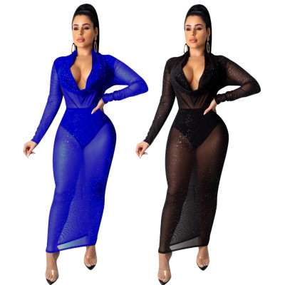 Mesh Transparent Shiny Long Sleeved Ankle Length Dress QQM3888