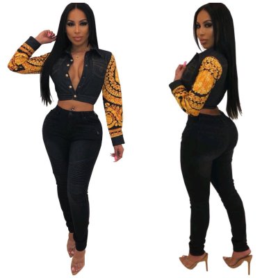Leisure Suits Printing Sleeves Top Black Slinky Pants YZ1731