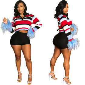 Wholesale Stripe Turn-Down Collar Crop Top YT3087-WY6517