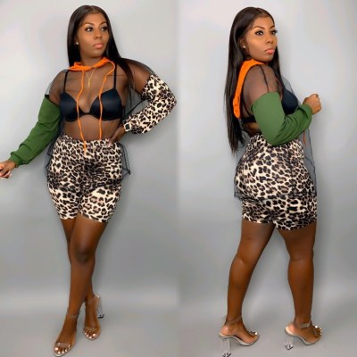 Mesh Patchwork Perspective Hooded Top Leopard Printed Shorts YX9162
