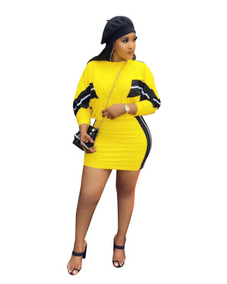 Yellow Long Sleeves Mini Skirts Two Pieces Sets W8169