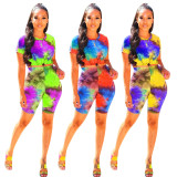 Women's printed spring lace-up bat sleeve round neck casual suit KK8193