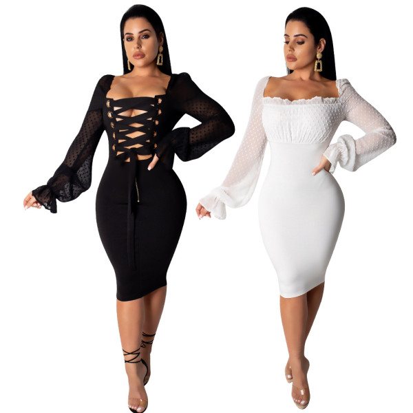 Elegant Solid Color Bandage Polka Dot Print Sleeves Midi Dress OFN6265