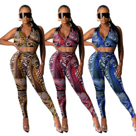 Fashion sexy chain print sleeveless suit ML7347