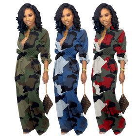 Oversize Women's Clothing Belted Camouflage Wide Leg Jumpsuit YT3181