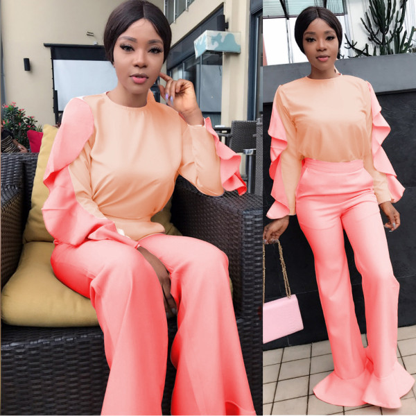 Lovely Contrast Color Outfits Ruffle Top Flare Pants AMM6502