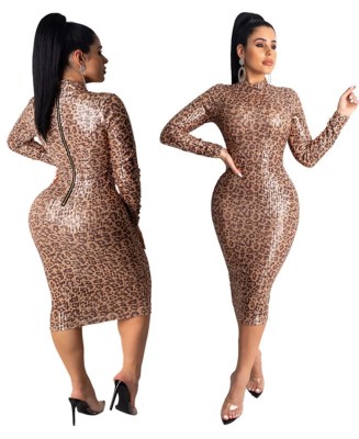 Winter Sequined Bodycon Zipper Leopard Print Midi Dress LA3163