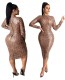 Winter Sequined Bodycon Zipper Leopard Print Midi Dress LA3163