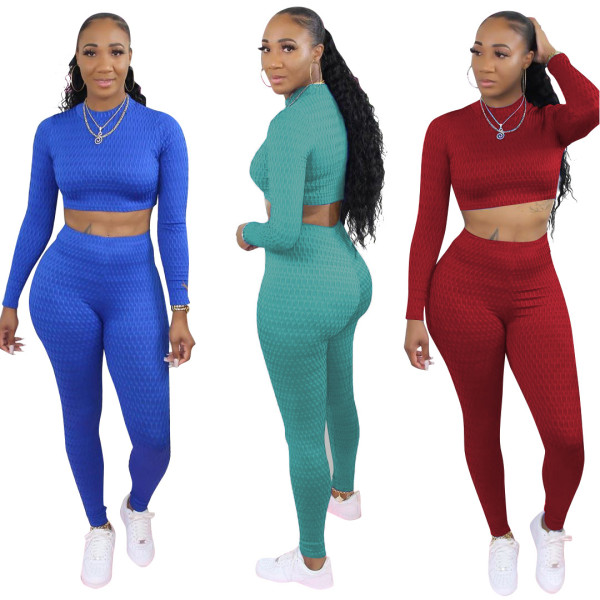 Fashionable Fish Scale Pattern Round Neck Long Sleeves Cropped Top With Trousers Two Piece Set NY801