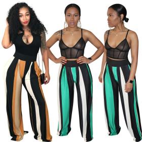 Euramerican Stripe Khaki/Green Thin Wide Leg Pants OEP6021