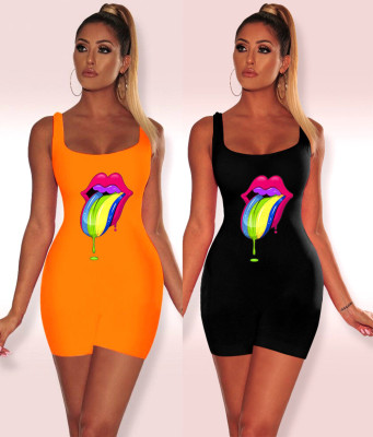 Wholesale Price Black/Orange Bodycon Sleeveless Jumpsuit LMM8069