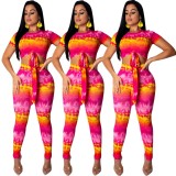 Women Short Sleeves Crop Top Printing Slinky Pants E8305
