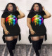 Digital Printed Colorful Lip Tie Short-Sleeved Cotton Dress LM8152