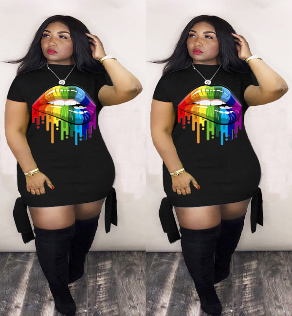 Digital Printed Colorful Lip Tie Short-Sleeved Cotton Dress LM8152