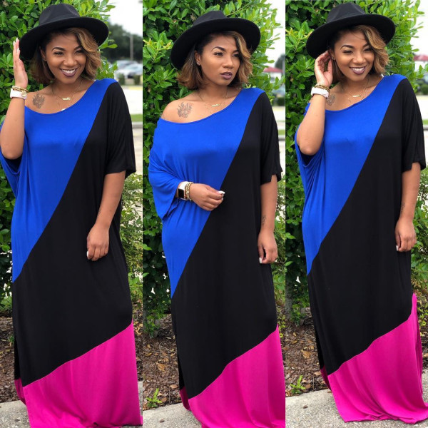 Loose Fitting Split Color Patchwork Oblique Shoulder Maxi Dress H1042