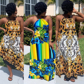 Printed dress sexy backless neck strap dress NS3949