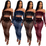 Mature Women See Through Sequined Tassel Sexy Skirt Suits QZ4089