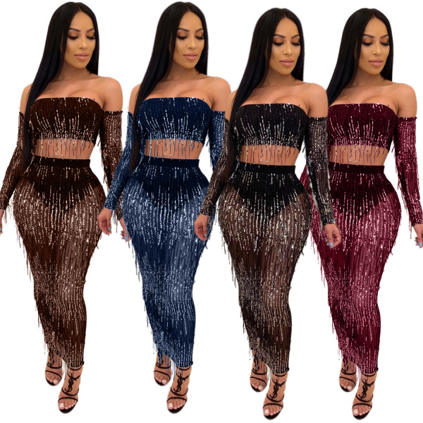 Mature Women See Through Sequined Tassel Sexy Skirt Suits QZ4089