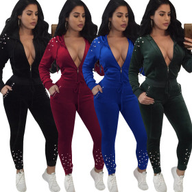 Fashion Beading Sport Suits Hooded Top Pencil Pants OEP5298