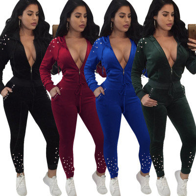 Fashion Beading Sport Suits Hooded Top Pencil Pants OEP5298
