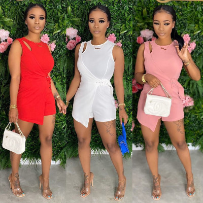 Fashion Solid Color Round Neck Short Sleeves Lace-up Jumpsuit MA6567