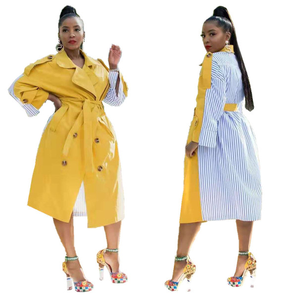 Women's Striped Patchwork Blazer Collar Tied Long Trench Coat MN8078