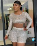 Long Sleeves Crop Top Bodycon Shorts Sequin Sexy Ladies Suits LS6313