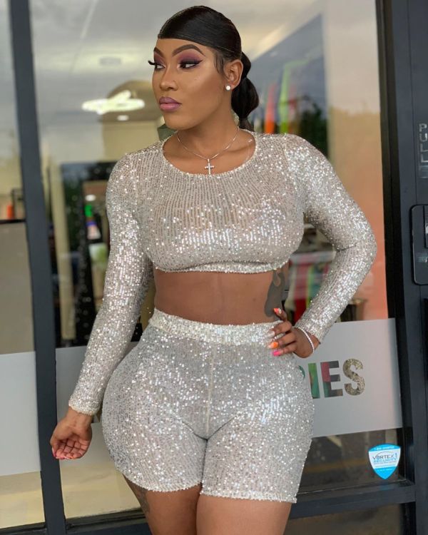 Long Sleeves Crop Top Bodycon Shorts Sequin Sexy Ladies Suits LS6313