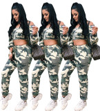 Camouflage 2 Pieces Outfits Off Shoulder Top Elastic Slim Pants Q148