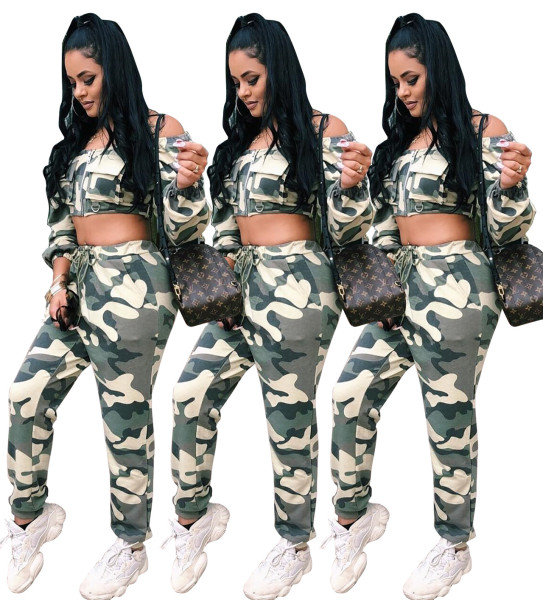 Camouflage 2 Pieces Outfits Off Shoulder Top Elastic Slim Pants Q148