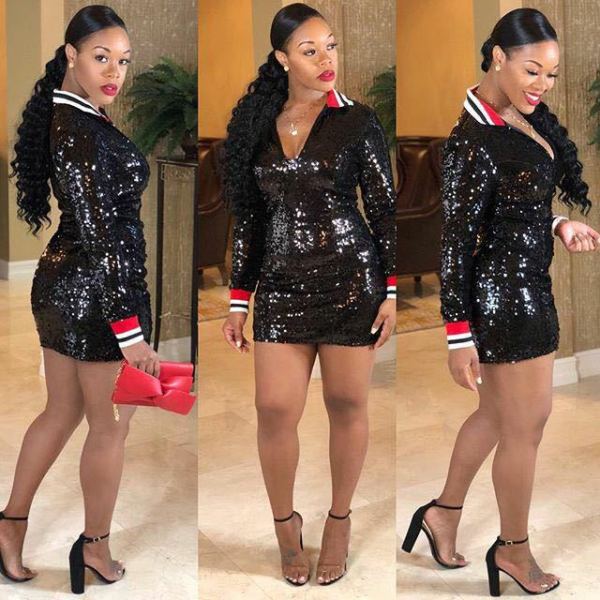 Sequin Stripe Patchwork Turn-Down Collar Bodycon Dress YS216