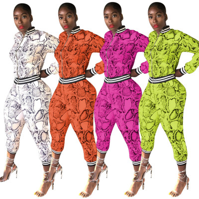 Snake Printing Bodycon Striped Patchwork Women Suits LM036