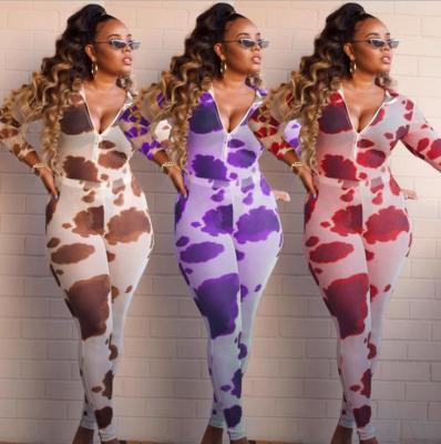Womens fashion casual sexy net gauze printing zipper perspective slim fit autumn and winter jumpsuit