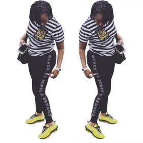 Leisure Short Sleeves Stripe T-Shirt Letters Printing Pants LS6236