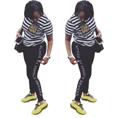 Leisure Short Sleeves Stripe T-Shirt Letters Printing Pants LS6236