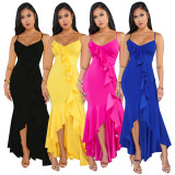 Elegant Solid Color Ruffle Condole Belt Irregular Dress ALS101