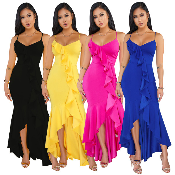 Elegant Solid Color Ruffle Condole Belt Irregular Dress ALS101