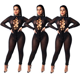 Black Mesh Rhinestone Hollow Out Bodycon Jumpsuits JH075