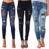 Featured contrast stitching frayed washed jeans D8388