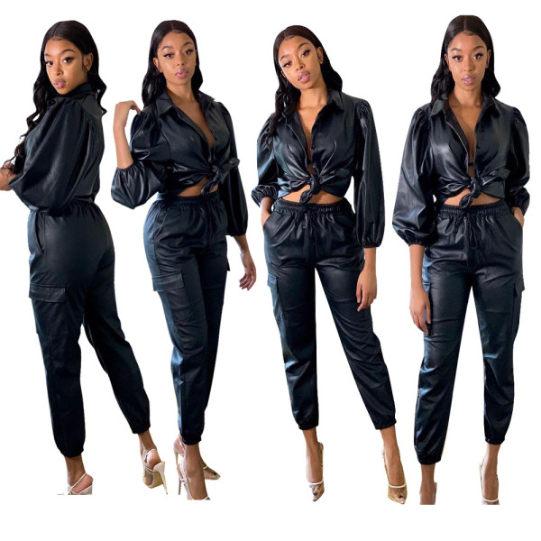 Euramerican Black Leather Sets Cardigan Top Elastic Waist Pants TRS985