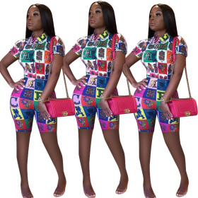 Fashion Short Sleeve Printing Bodycon Jumpsuit ZH5080