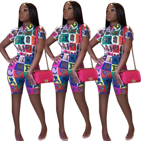 Fashion Short Sleeve Printing Bodycon Jumpsuit ZH5080