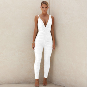 Jumpsuit sexy deep V tight halter pleated bodysuit ZY1558