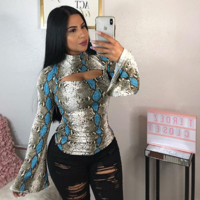 Unique Snake Printing Flare Sleeve Bodycon Top ML7147