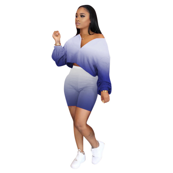Two-piece leisure suit with gradient color temperament Q5181
