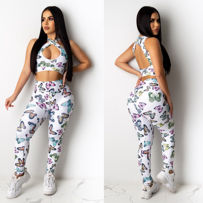 Butterfly print backless slim fit two-piece nightclub suit KA7084