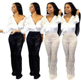 Stylish Women Sequins Shiny Lined Long Wide Legs Pants Party Trousers Q349